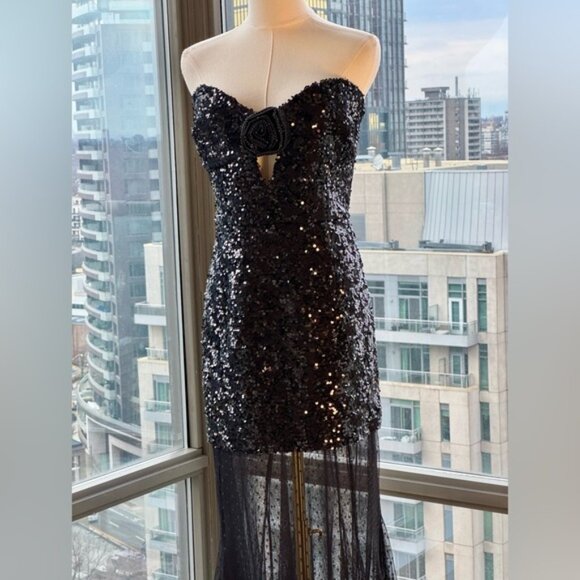🆕REBECCA VALLANCE 🧿 NWOT Diana Black Sequined Mesh Trimmed Gown Sz AU 14 US 10 - Picture 4 of 16
